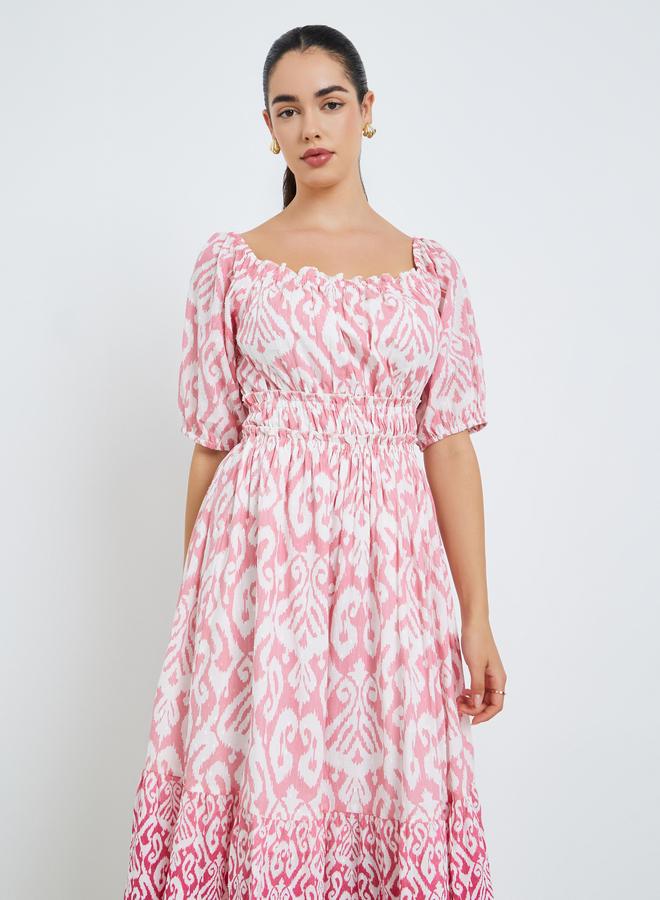 Women Pink Printed Ruched A-Line Midi Dress